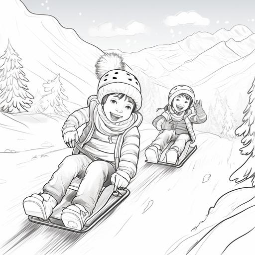 coloring page for kids, christmas time, kids sledding down a snowy hill, cartoon style, thick lines, low detail, no shading--ar 9:11