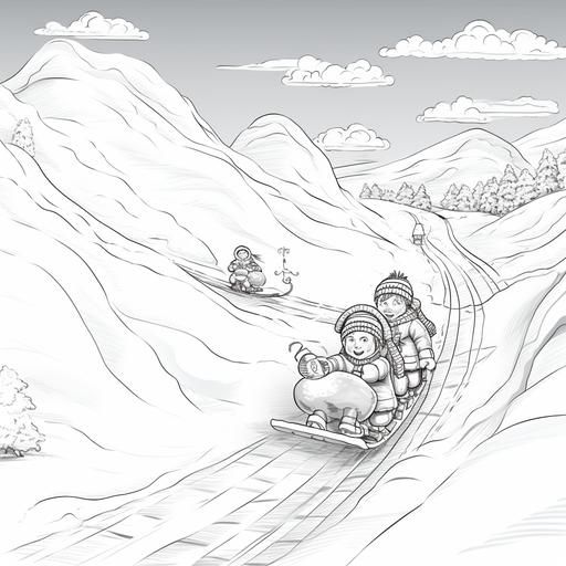 coloring page for kids, christmas time, kids sledding down a snowy hill, cartoon style, thick lines, low detail, no shading--ar 9:11