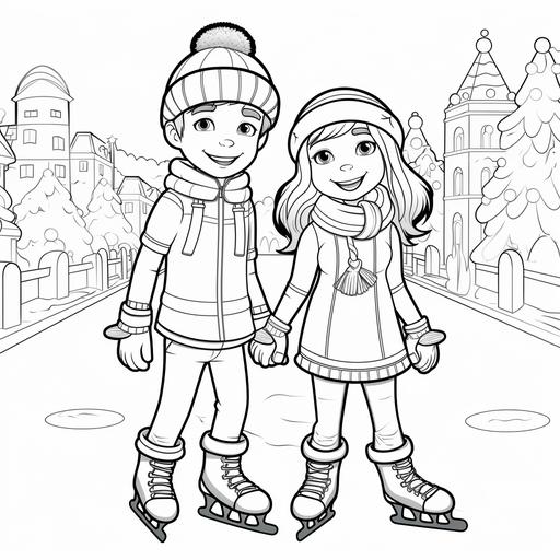 coloring page for kids, christmas time, people ice skating, wearing ice skates, snowy weather, cartoon style, thick lines, low detail, no shading--ar 9:11