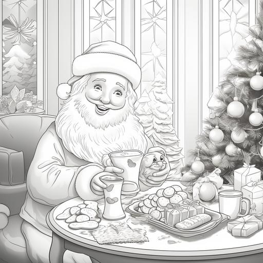coloring page for kids, christmas time, santa claus delivering gifts under the tree, milk and cookies on the table, snowy footprints from santa in the living room, cartoon style, thick lines, low detail, no shading--ar 9:11