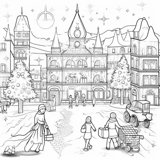 coloring page for kids, christmas time, town square decorated with lights, people walking around with shopping bags, snowy days, cartoon style, thick lines, low detail, no shading--ar 9:11 - @cassidy (fast)