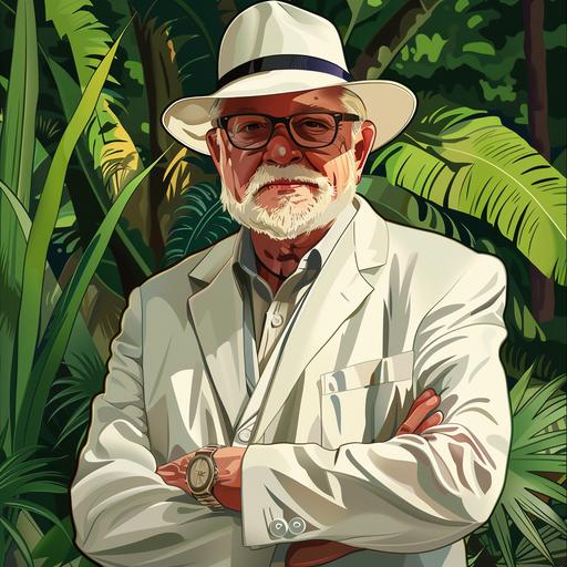 Richard Attenborough actor as John Hammond in jurassic park movie, white suit and hat, as owner of the park, cartoon style