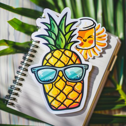 hyperrealistic image of stickers with summer elements such as sunglasses, pineapple, the sun, beer placed on a notebook or a pachon with a summery and youthful background