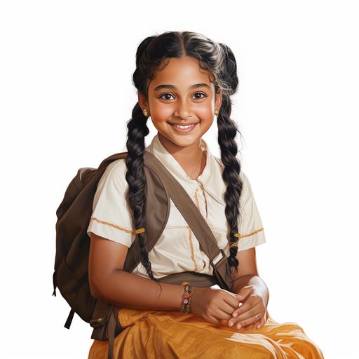 A traditional young Indian schoolgirl with a school bag, traditional two-side folded braids with ribbons, a bindi, henna on hand, a cute smile and innocence on her face, a white background, hyper-realistic