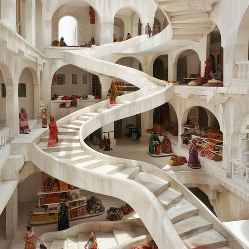 a self-standing winding ramp indoor market place platform, inside a white building, mimicking the hill station ghats in India where women set up small shops in nooks where the road bends, hyperrealistic --v 6.0