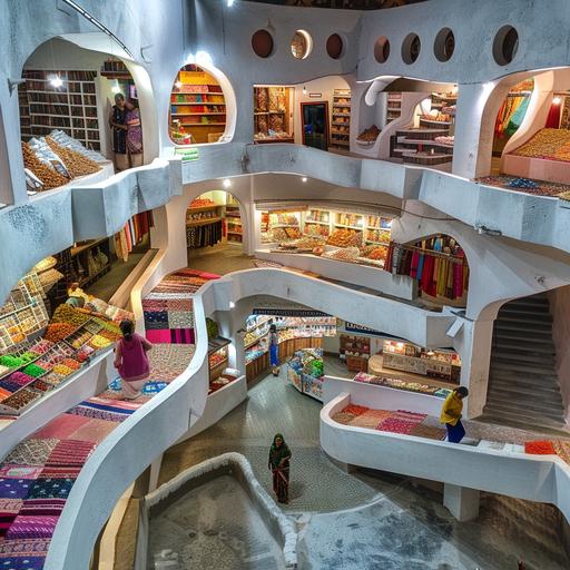 a self-standing winding ramp indoor market place platform, inside a white building, mimicking the hill station ghats in India where women set up small shops in nooks where the road bends, hyperrealistic --v 6.0