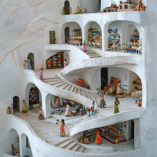 a self-standing winding ramp indoor market place platform, inside a white building, mimicking the hill station ghats in India where women set up small shops in nooks where the road bends, hyperrealistic --v 6.0