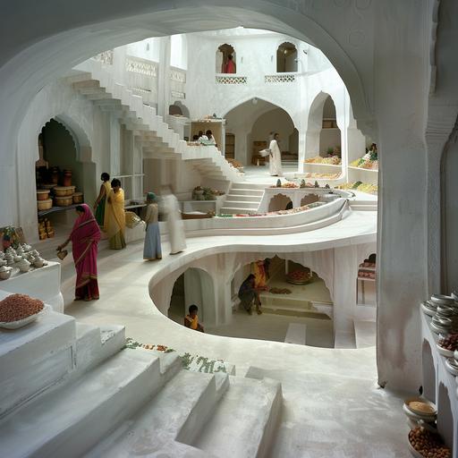 a self-standing winding ramp indoor market place platform, inside a white building, mimicking the hill station ghats in India where women set up small shops in nooks where the road bends, hyperrealistic --v 6.0