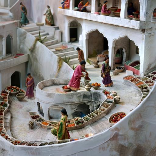 a self-standing winding ramp indoor market place platform, inside a white building, mimicking the hill station ghats in India where women set up small shops in nooks where the road bends, hyperrealistic --v 6.0