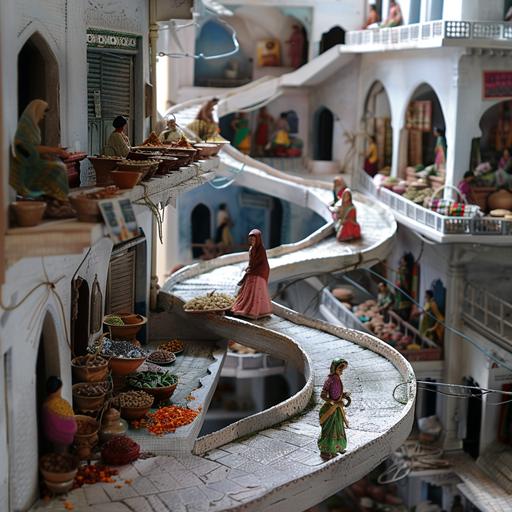 a self-standing winding ramp indoor market place platform, inside a white building, mimicking the hill station ghats in India where women set up small shops in nooks where the road bends, hyperrealistic --v 6.0