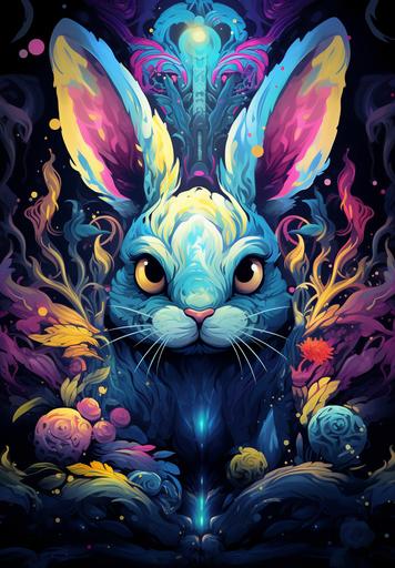 psychedelic rabbit art by artaic, in the style of flickr, dark cyan, cute and colorful, spiritualcore, multilayered, rtx on, i can't believe how beautiful this is --ar 9:13
