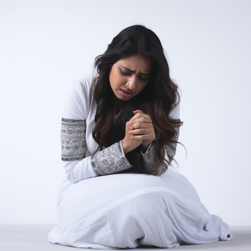 a phote of modern indian women suffering with stomach pain in a plain white background