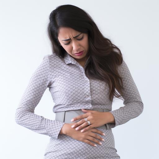 a phote of modern single indian standing women suffering with stomach pain hands on stomach in a plain white background