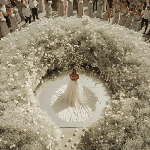 a modern bride stands in the centre of a minimal Ceremony, high view of a large circle of full white babies breath and roses popping out in all directions, the centre of the circle should take the form of white, the ceremony is based outside on a warm day, the bride will wear a off white modern sculpted fabric dress, at the front of the circle there will be an entrance for the bride and groom to enter the floor should be a mirror and there should be wedding guests stood in a circle around the edge of the flowers there should be a clear entry to the circle the flowers to include gypsophila, white and champagne coloured roses --v 6.0