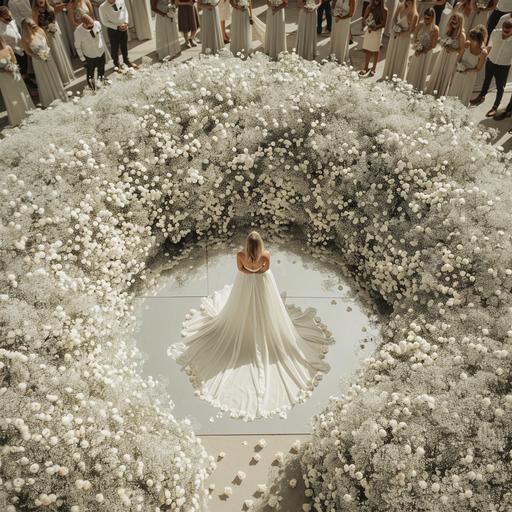 a modern bride stands in the centre of a minimal Ceremony, high view of a large circle of full white babies breath and roses popping out in all directions, the centre of the circle should take the form of white, the ceremony is based outside on a warm day, the bride will wear a off white modern sculpted fabric dress, at the front of the circle there will be an entrance for the bride and groom to enter the floor should be a mirror and there should be wedding guests stood in a circle around the edge of the flowers there should be a clear entry to the circle the flowers to include gypsophila, white and champagne coloured roses