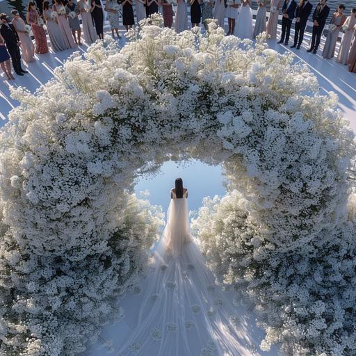 share a view of the aisle from the front on a modern bride stands in the centre of a minimal Ceremony, high view of a large circle of full white babies breath and roses popping out in all directions, the centre of the circle should take the form of a mirror, the ceremony is based outside on a warm day, the bride will wear a off white modern sculpted fabric dress, at the front of the circle there will be an entrance for the bride and groom to enter the floor should be a mirror and there should be wedding guests stood in a circle around the edge of the flowers --v 6.0