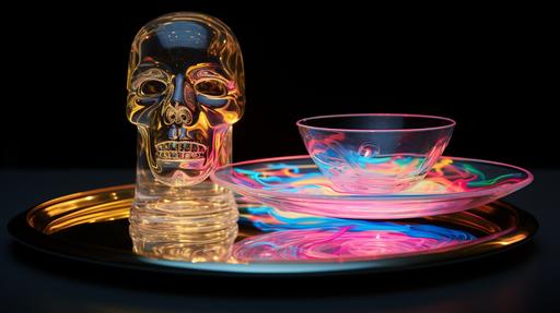 a psychadelic two plates balance with a translucid hazy cristal head in one plate and a small hazy dark candle in the other plate , hyper realistic and detailed, HD, 24K, --ar 16:9