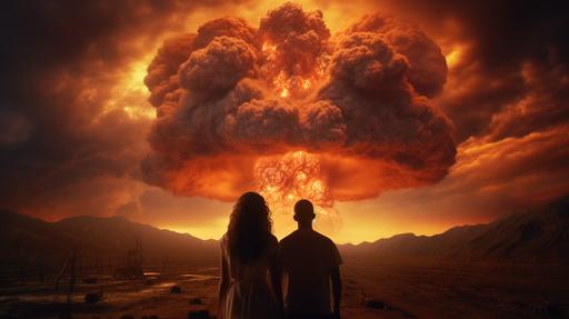 mid plan of post apocaliptic man and woman barely alive heir backs to the camera staring at an atomic explosion far away, hyper realistic and detailed, HD, 8K, --ar 16:9