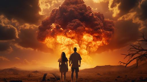 mid plan of post apocaliptic man and woman barely alive heir backs to the camera staring at an atomic explosion far away, hyper realistic and detailed, HD, 8K, --ar 16:9