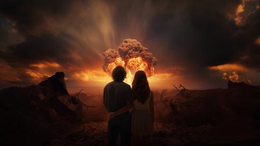 mid plan of post apocaliptic trrified man and woman barely alive heir backs to the camera staring at an atomic explosion far away, hyper realistic and detailed, HD, 8K, --ar 16:9