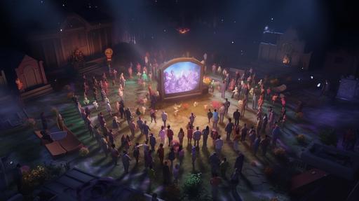 small graveyard stone in mid plan in the middle of a party with several people standing all inside a colorful theatre stage seen from mid theatre audience empty chairs, hyper realistic and detailed, HD, 8K, --ar 16:9