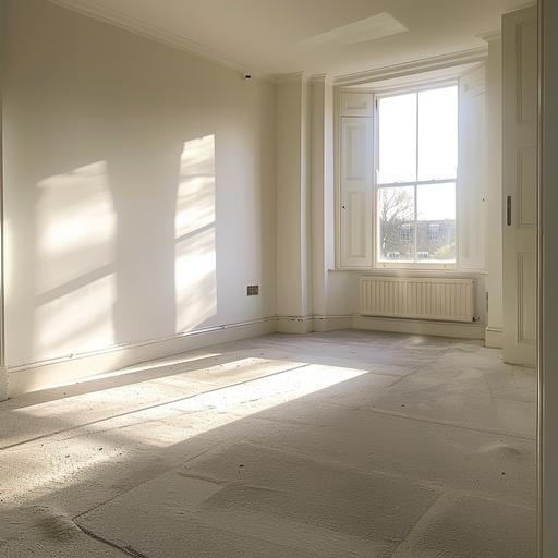 Midjourney Bot BOT — Today at 11:47 an empty box room in a London flat, not new, looks lived in, the cream carpet has indentations in it from furniture previously being there, lots of natural light, bright from the sunshine, 16:9