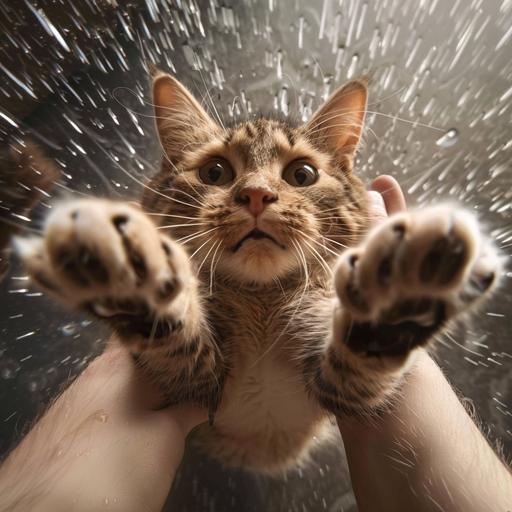 a cat being swung around by its front paws, the cat is directly in front of our view, shot as if from our POV and our human hands holding the cats paws, the cat looks shocked. Looks photo realistic.
