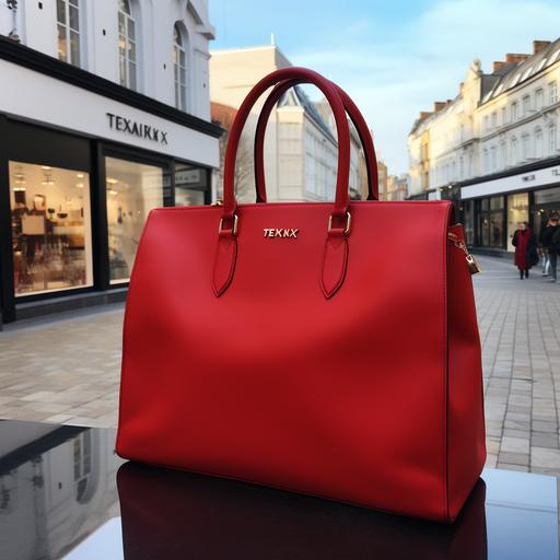 a large red TK Maxx bag, on a red plinth, in Covent Garden