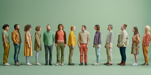 a row of real people standing next to each other, bunched together shoulder to shoulder, facing towards camera, on a sage green background, they look like they're from London, we can see their arms and legs, bright image, realistic --ar 2:1