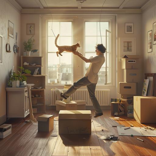 a young man swinging his cat around an empty box room in his London flat, lots of bright natural light, a few cardboard boxes are on the floor, looks photo realistic