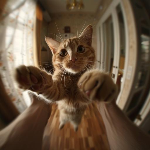 human hands swinging a cat around a room by its front paws, the cat is directly in front of our view, shot as if from the human POV, the cat looks comically shocked, background is blurred from the motion to make it look like the cat is being swung in a circle. Looks photo realistic.