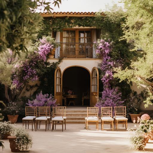 a wedding ceremony in the garden of a traditional spanish finca, with a minimalistic ceremony backdrop, wooden chairs, lilac and pink peony flowers