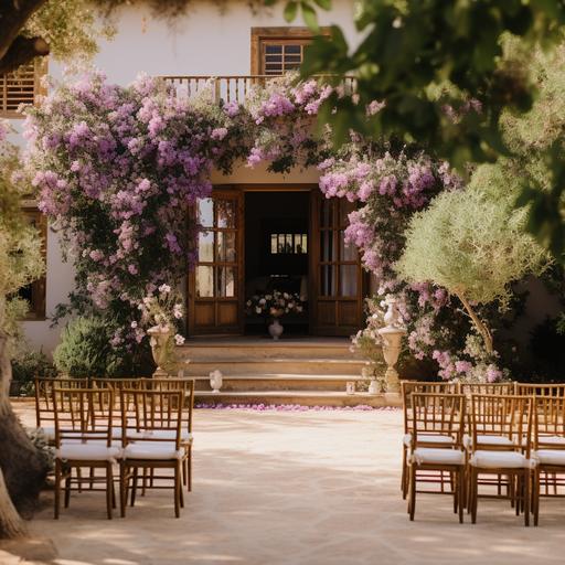 a wedding ceremony in the garden of a traditional spanish finca, with a minimalistic ceremony backdrop, wooden chairs, lilac and pink peony flowers