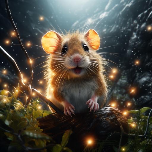 photo film, ultra hp, high quality, realistic, view from sky, in the woods, fantasy, in the forest, good size, draw for kids, distant ,from the lightning it rises, fluffy rat rises from spark, afraid rat, cute little rat, ar 16:9, for slide presentation