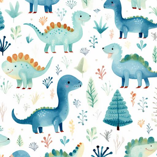 Create a charming and playful wintery seamless pattern featuring retro watercolor dinosaurs with one head 4 legs, a long neck, long thick tail and spikes along its spine walking on 4 legs and an other one walking on his think hind legs with short fore feet and big head no spikes, perfect for adorning baby clothing. Capture the joy and innocence of childhood with these adorable prehistoric creatures. Let the pastel watercolor strokes bring these dinosaurs to life while maintaining a soft and gentle aesthetic. Design a pattern that seamlessly repeats, ensuring it's versatile for various baby clothing items. Let your creativity run wild as you bring together the magic of watercolors and the fascination of dinosaurs, making it a delightful addition to any baby's wardrobe.