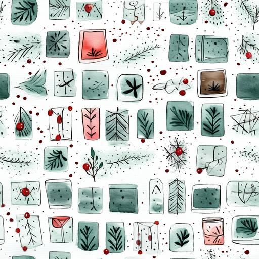 Watercolor line art, little squares filled with wintery, christmassy doodles, Christmas spirit, envelopes, berries, Christmas trees, presents, bells --tile