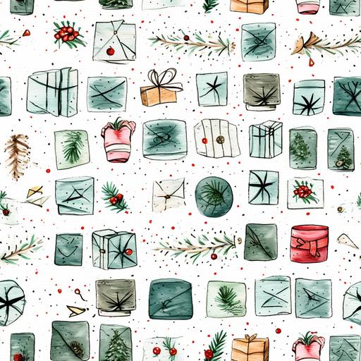 Watercolor line art, little squares filled with wintery, christmassy doodles, Christmas spirit, ornaments, envelopes, berries, pine twigs and cones, Christmas trees, presents, bells --tile