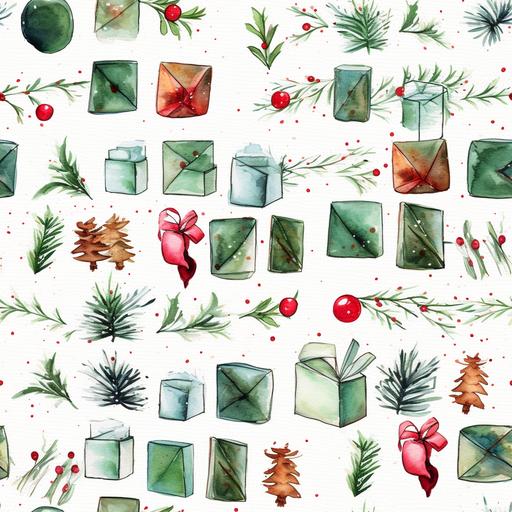 Watercolor, little squares filled with wintery, christmassy doodles, Christmas spirit, ornaments, envelopes, berries, pine twigs and cones, Christmas trees, presents, bells, gentle coloring --tile