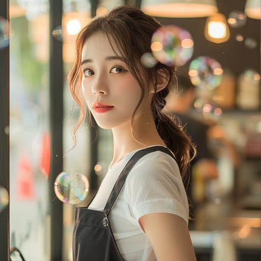 A asian cute lady, round face, loves life, is professional in cleaning, elegant, simple, profile picture, bubbles, apron, real photo