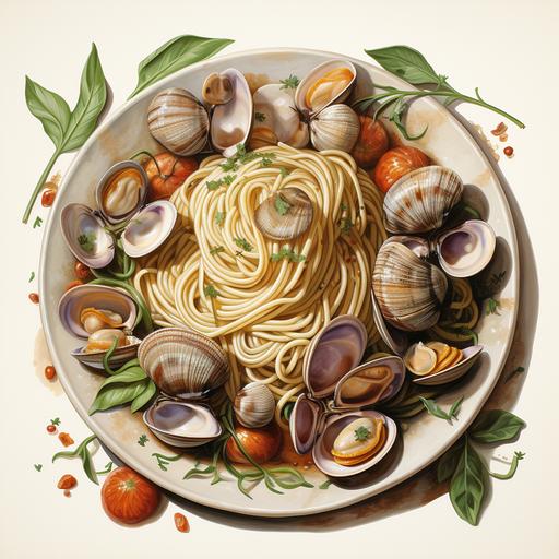 a boll of spaghetti alle vongole, italian style, vintage, soft colors and enhanced details