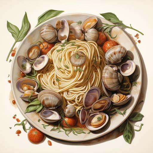 a boll of spaghetti alle vongole, italian style, vintage, soft colors and enhanced details