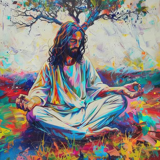 Jesus sitting in a yoga pose, hands outwardly in gyan mudra, Jesus sits in a meadow. white robe flowing, a tree is in background, colorful, psychedelic