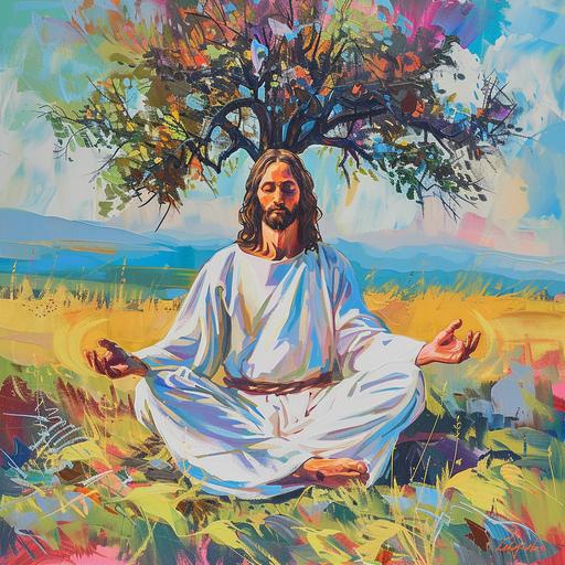 Jesus sitting in a yoga pose, hands outwardly in gyan mudra, Jesus sits in a meadow. white robe flowing, a tree is in background, colorful, psychedelic --v 6.0