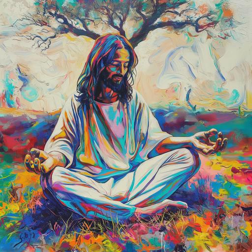 Jesus sitting in a yoga pose, hands outwardly in gyan mudra, Jesus sits in a meadow. white robe flowing, a tree is in background, colorful, psychedelic --v 6.0