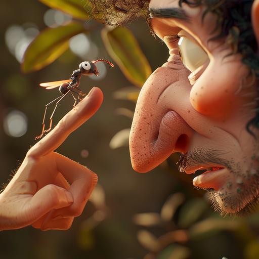 studio ghlibli animation style, a giant picking up a ant using his thumb and pointing finger. The ant appears scared and the giant looks curiously at the ant, close up of their faces