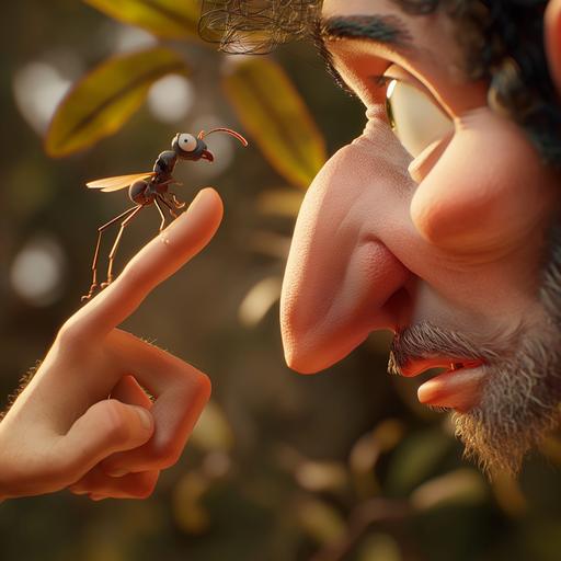 studio ghlibli animation style, a giant picking up a ant using his thumb and pointing finger. The ant appears scared and the giant looks curiously at the ant, close up of their faces --v 6.0
