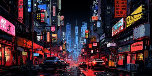 Cyberpunk Dark neon, simple anime style, minimalist design, bold black lines, raw drawing of new york, multiple buildings, dirty, litter, closed signs --ar 2:1 --s 50