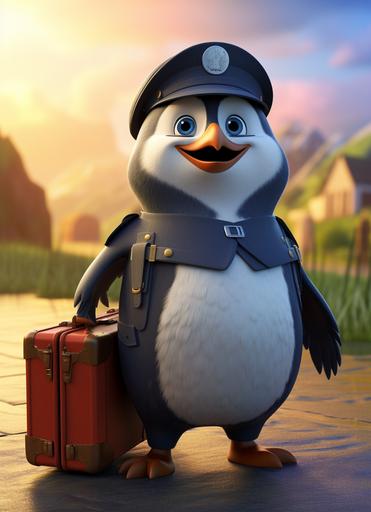 A pixar pinguin pilot, smilling, costume, carrying a suitcase, aplane in the background, 8K, --ar 67:92