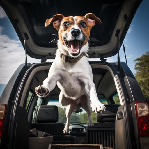a jack russell therrier jumping out the boot of the car
