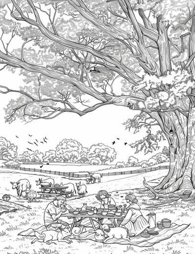 A family picnic under the shade of a sprawling oak tree, with farm animals gathered around to join in the fun for coloring book with crisp lines ,low details and white background,zoom in --ar 17:22